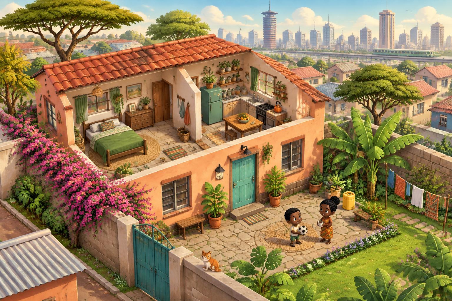 A sunny Nairobi home with a cozy room, courtyard and city skyline